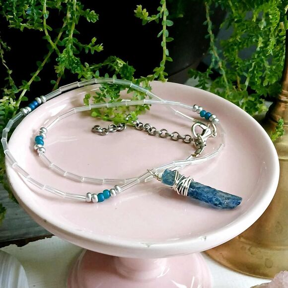 Dainty Kyanite Crystal Beaded Choker Necklace, Adjustable Choker, 14-17" - Picture 1 of 3